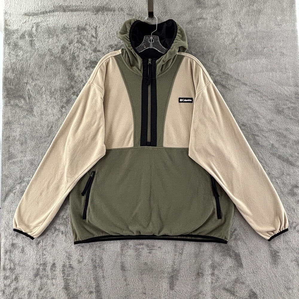 Columbia Fleece Colorblock Hooded Pullover Mens XXL 1/2 Zip Green Tan Pockets